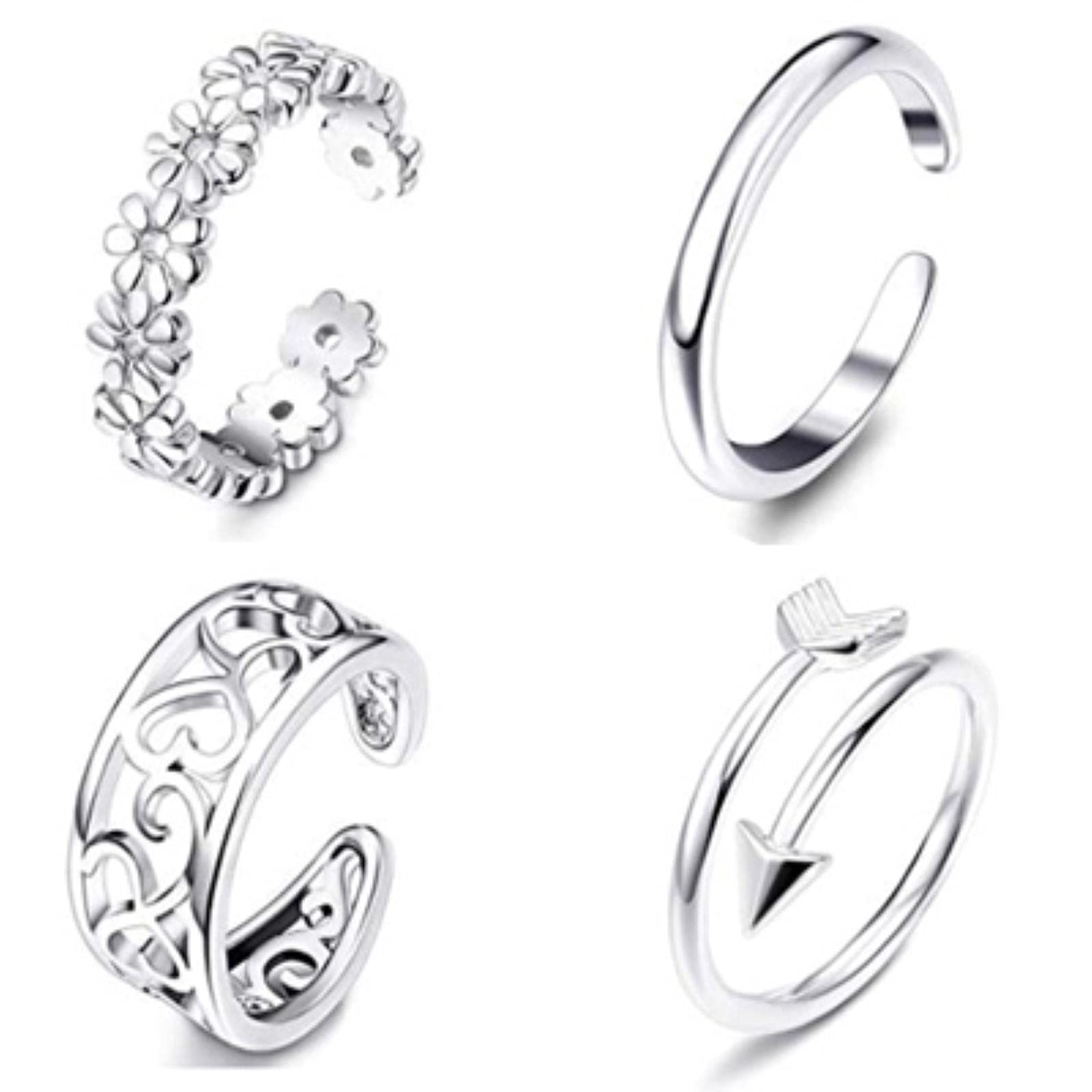 Wakacje na plaży Knuckle Foot Ring Open Toe Rings zestaw dla kobiet dziewczynki palec serce pierścień regulowana biżuteria-4PC, kolor srebrny