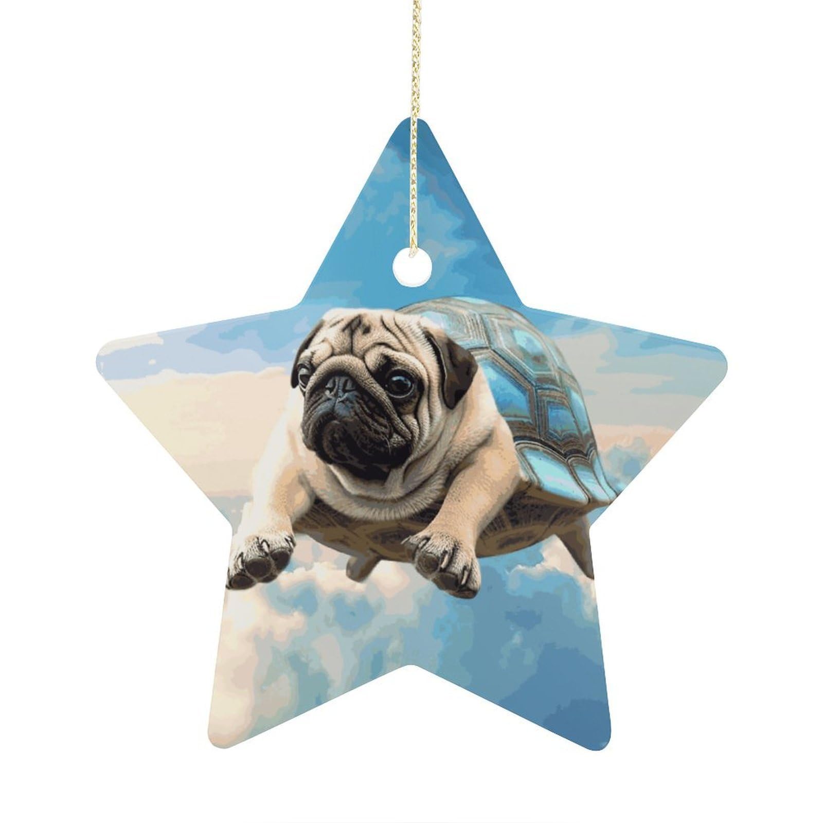 Funny Turtle Pug Dog in The Sky Stars Ornaments Ceramic Christmas Tree Hanging Light in Weight Christmas Star Pendants Funny Double-Sided Printed Xmas Ornaments for Gifts