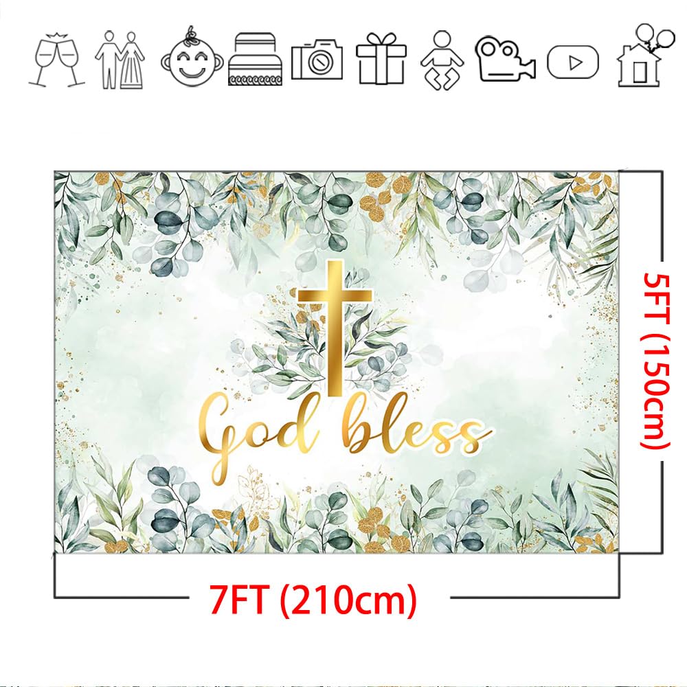 Mocsicka Fotohintergrund 'God Bless' – Vinyl, 2,1x1,5 M, Mit Grünen Blättern, Für Taufe, Babyparty & Erstkommunion