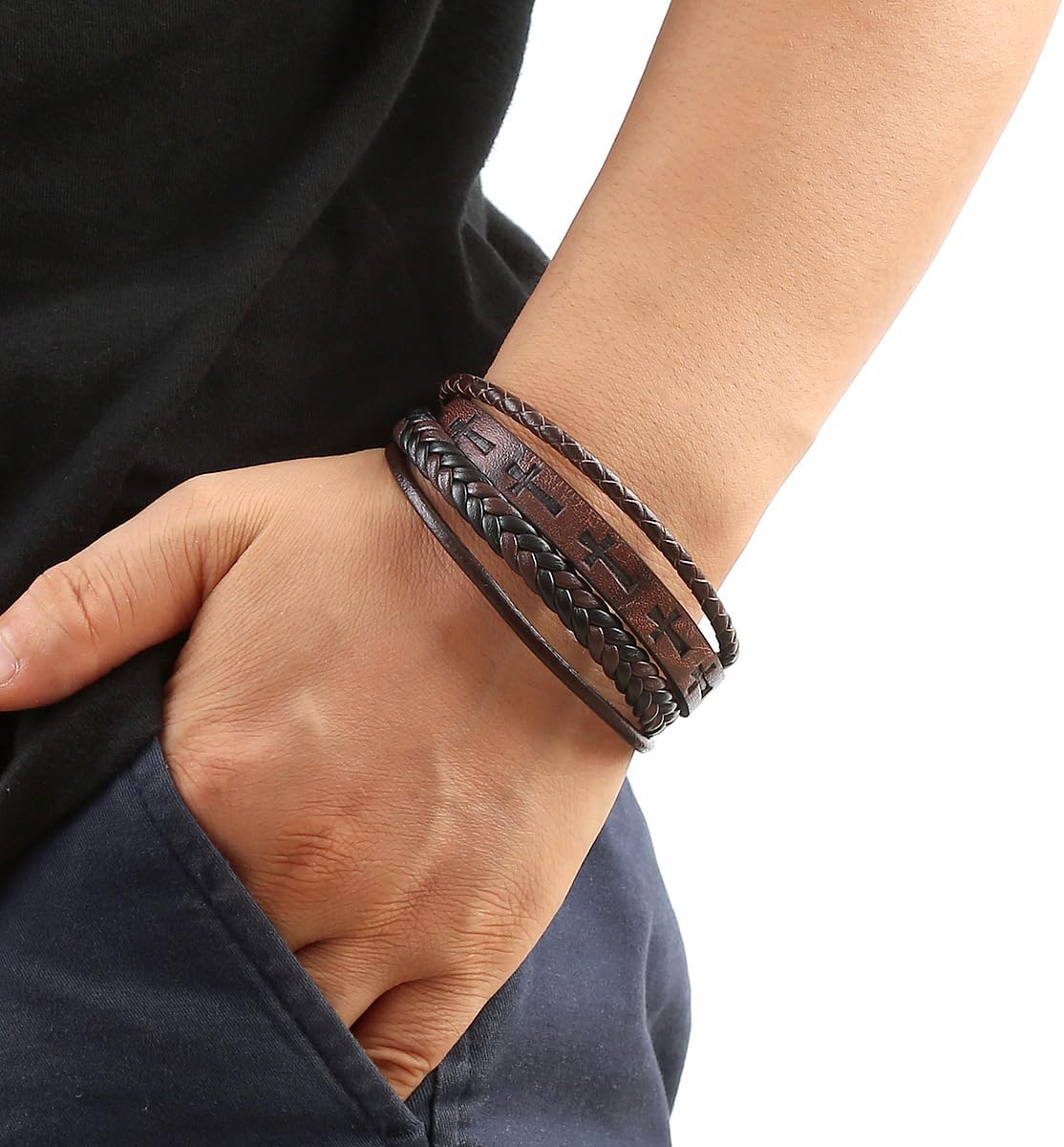 Mens Leather Cross Bracelet Multi-Layer Braided Faith Bracelet Religious Wristband Father's Day 8.5" Memory Bangle with Stainless Steel Buckle - Image 2