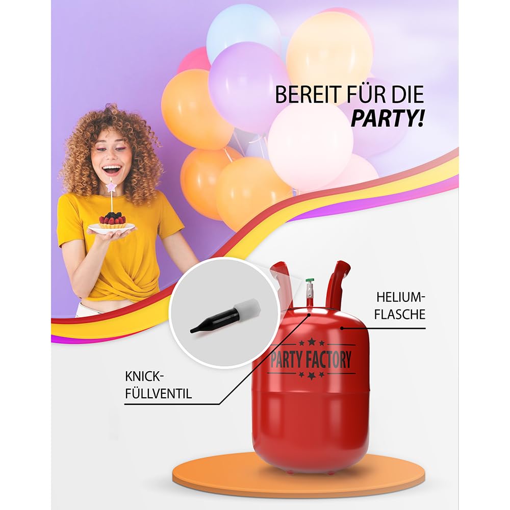 Party Factory Helium Gasflasche 400L für 50 Luftballons Ballongas Flasche Latex Folienballons Einwegflaschen Knick-Füllventil