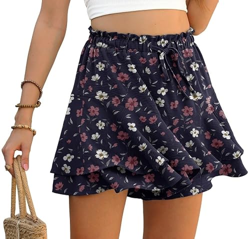 Image of PrinStory Ruffle Shorts for Women High Waist Flowy Shorts Drawstring Skort Casual Summer Skort Wide Leg Culottes (Blue Pink White Flower, L)