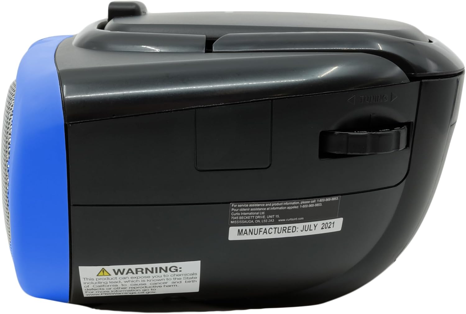 പിൻഭാഗം view of the PROSCAN SRCD243 Boombox, showing the power input and regulatory labels.