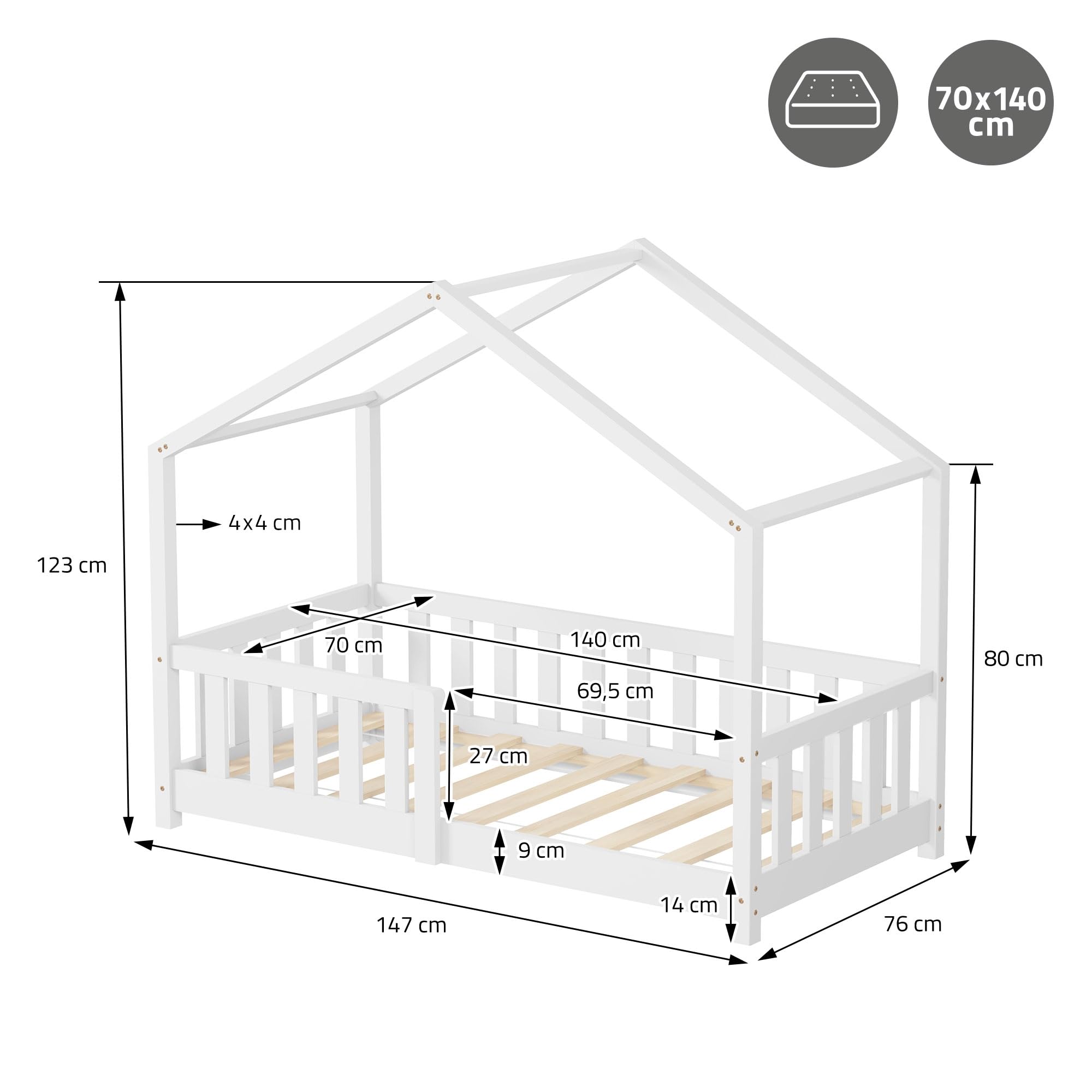 ML-Design Kinderbett Hausbett 70x140 cm Weiß, Holzbett mit Rausfallschutz, Lattenrost und Dach, Spielbett aus massivem Kiefernholz für Kinder, Montessori Bodenbett Bettgestell Bettenhaus Juniorbett