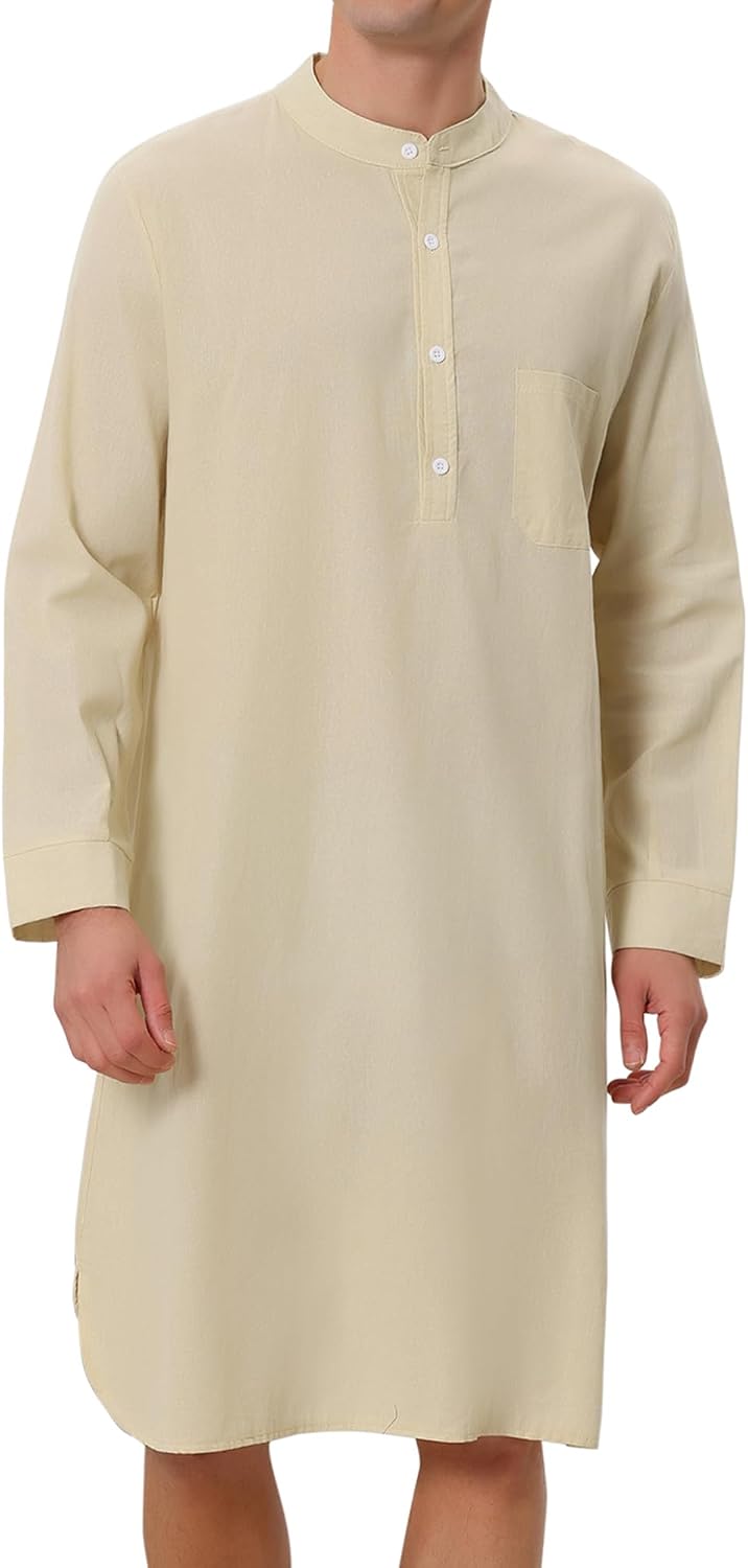 Lars Amadeus Men's Nightshirt Sleep Shirt Banded Collar Henley Shirt Pajamas Nightgown