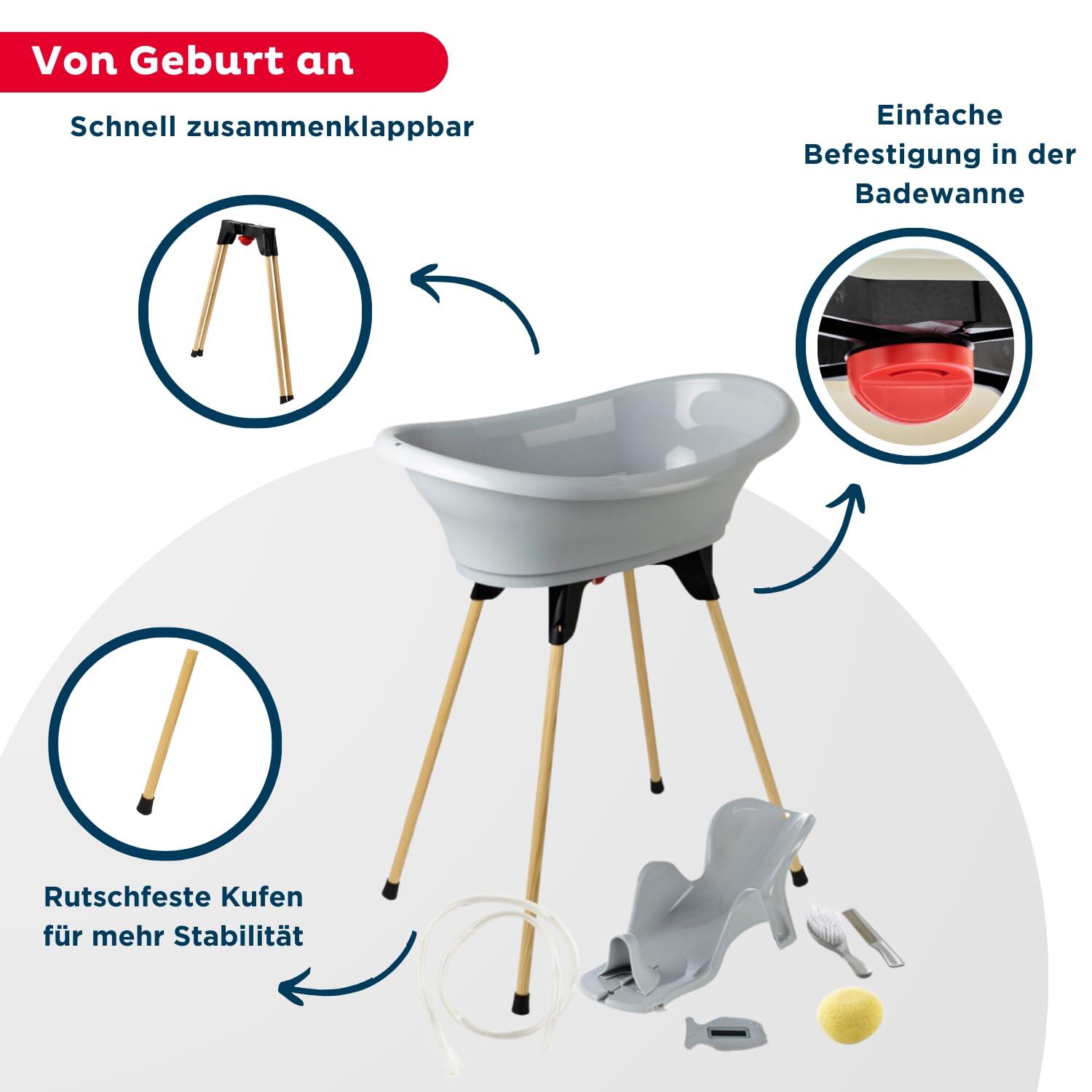 THERMOBABY - Zestaw do kąpieli dla niemowląt Vasco 7 w 1 Szary - Wanna + Stopa + Opróżnianie + Regulowany leżak kąpielowy + Termometr + Gąbka + Szczotka i grzebień - Wyprodukowano we Francji