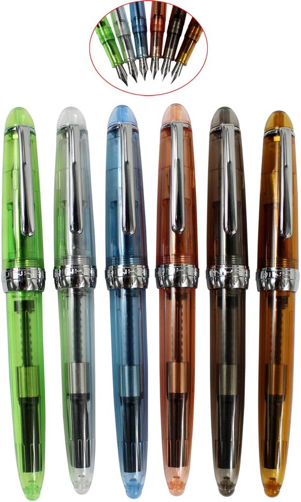 6PCS 992 Transparent Plastic Fountain Pens, Fine Nib Fountain Pen Set, JinHao Silver Clip and Pen Screw Cap, Solid Colors (Green, White, Blue, Orange, Grey, Brown)