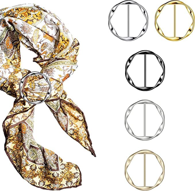 MTRoyaldia5 Piece Silk Scarf Ring Clip T-Shirt Tie Clip Women's Fashion Metal Round Circle Clip Clothes Ring Wrap Holder (Gold, Silver, Gunmetal, Sand Gold, Sand Silver)