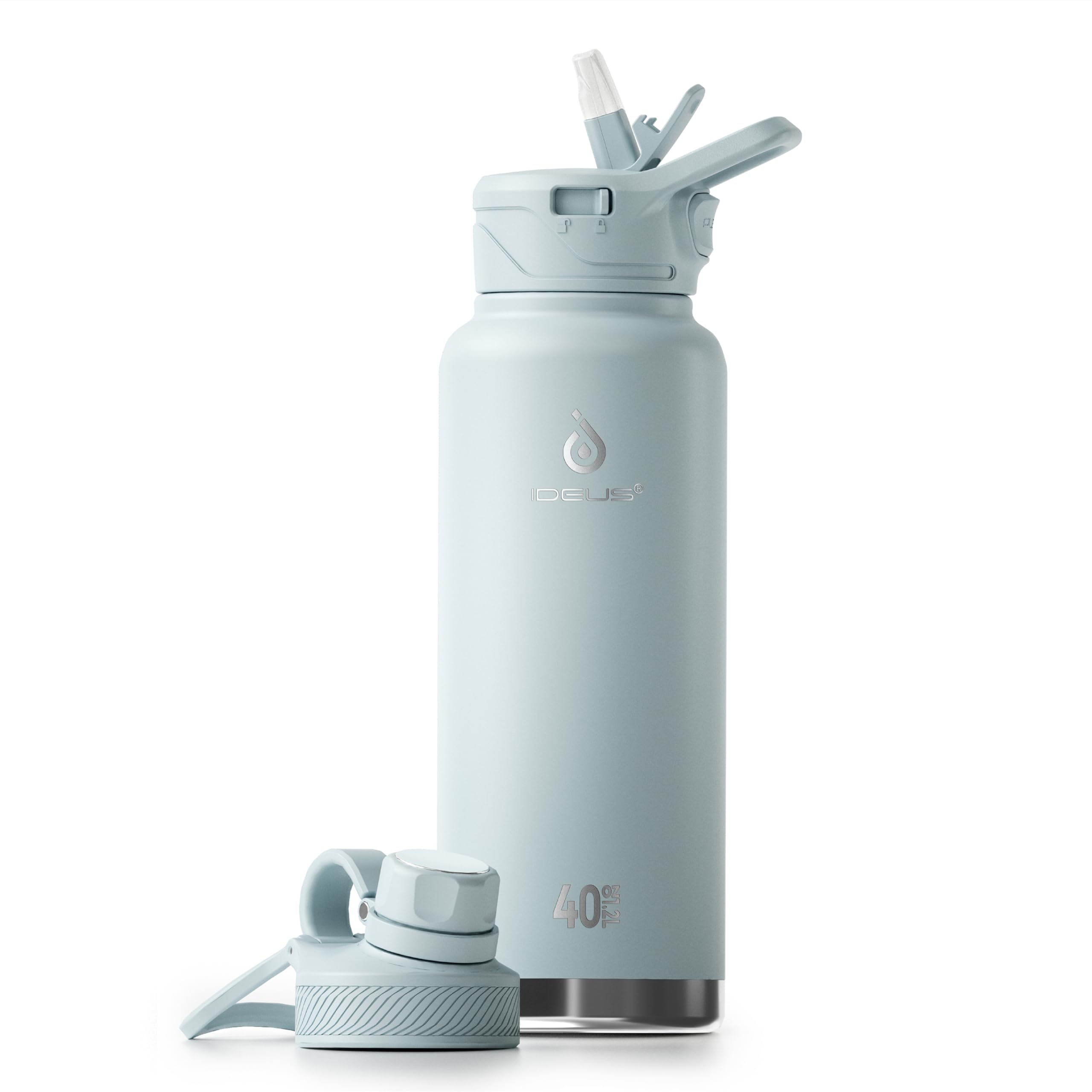40 oz Insulated Water Bottle with 2 Leak-Proof Lids, Light Blue