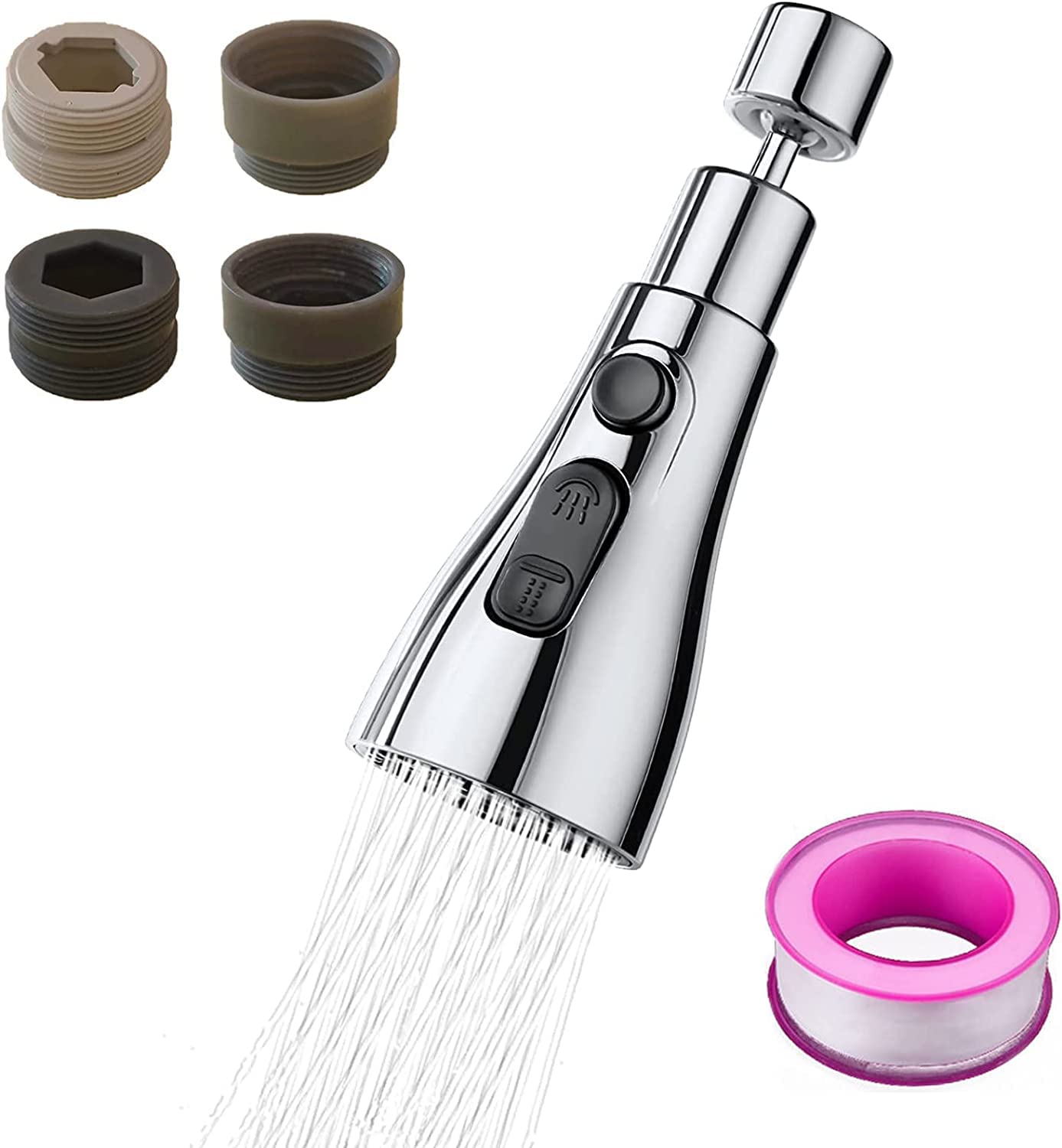 Kitchen Tap Spray Head, 360° Swivel Spout Faucet Extender 3 Modes, High Pressure Water Faucet Sprayer Aerator Attachment, FM22 FM24 G1/2 Kitchen Sink Tap Nozzle Replacement Tap Head with Adapters