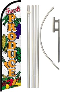 Fresh Produce Windless Banner Advertising Flag & Pole Kit - Perfect for Restaurants, Food Trucks, Food Courts, Shops, Events, Farmers Markets