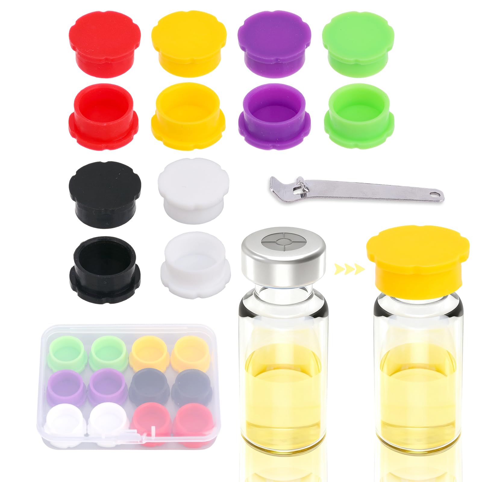 12pz Tappi Protettivi Flaconi in Vetro 3 ml, a Tenuta Stagna & con Coperelli a Ribalta Completo Apribottiglie Accessori Protettivi Riutilizzabili per Fiale 3 ml per Iniezione (6 Colori)