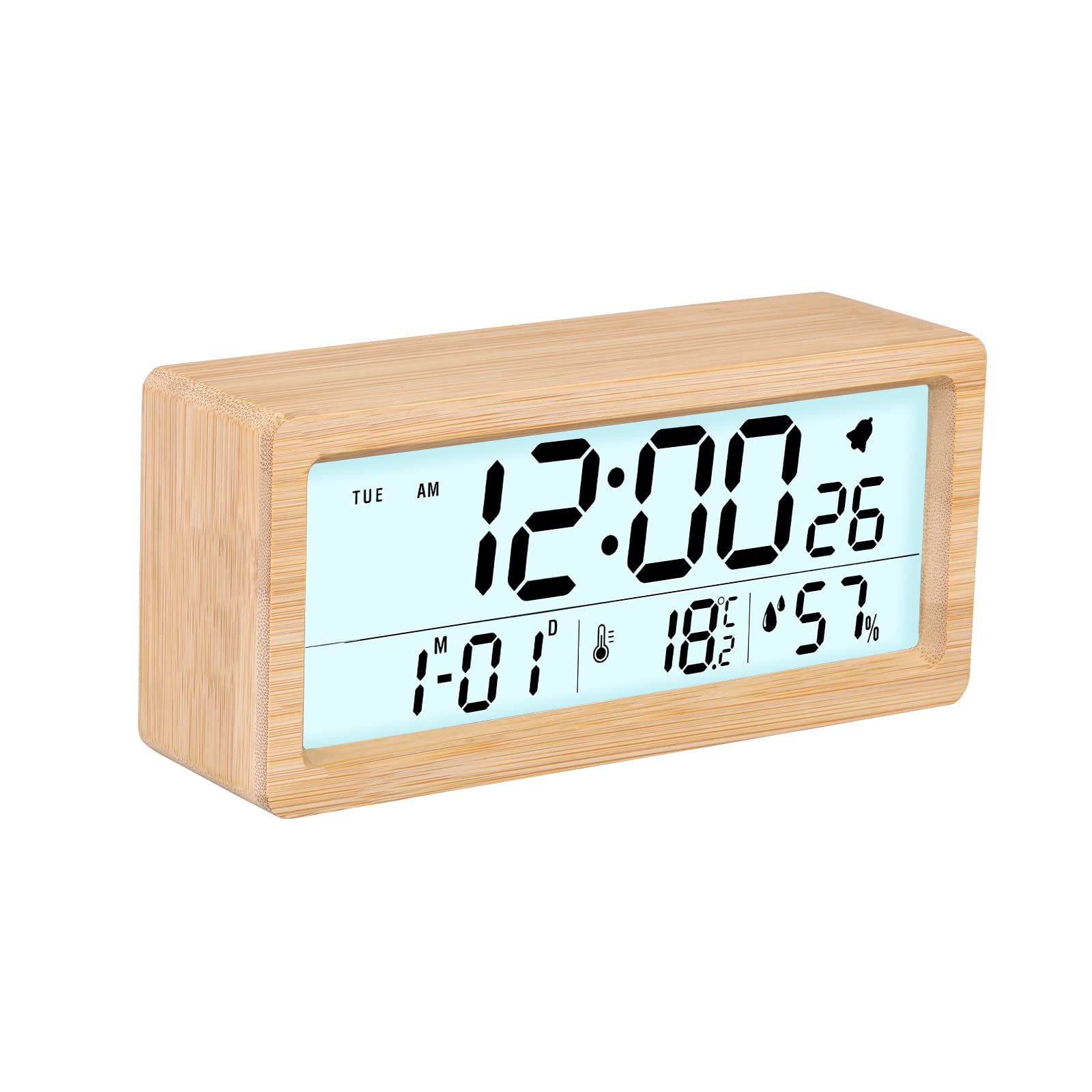 GINZER Wooden Digital Alarm Clock With 6" Large Display, Snooze, Calendar, Backlight, Temperature Humidity - Battery Operated Desk Clock for Bedroom Office