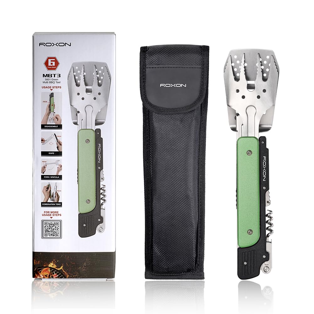 ROXON S601 14-Zoll 6-in-1 MBT3 Faltbares Grillbesteck Set (Grün) | Gabel, Pfannenwender, Grillmesser, Zange, Öffner – für Grillpartys im Garten und Camping (Grün)