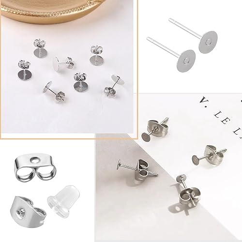 Miniatura 3 de 1200 aretes de acero inoxidable hipoalergénico de 0.197 pulgadas, almohadilla plana, aretes en blanco con parte trasera de aretes de mariposa y