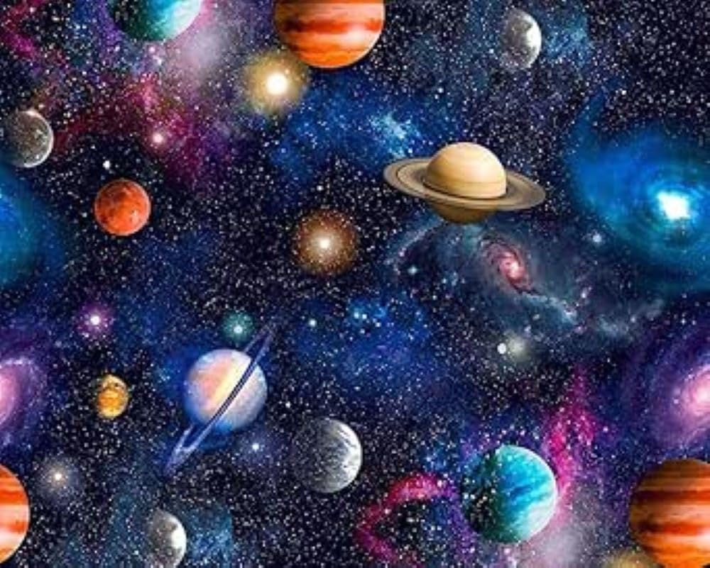 Universe Space Planets - Tela 100% algodón, 150 cm de ancho, tela para manualidades
