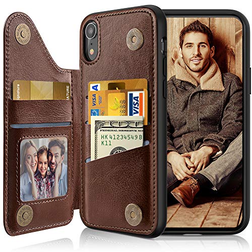 LOHASIC 6.1" for iPhone XR Wallet Case Men, 5 Card Holder Phone Cover Credit Slot PU Leather Protective Shockproof Kickstand Folio Portfolio Women, Classic Fancy Travel Photo Pocket for I-XR - Tan
