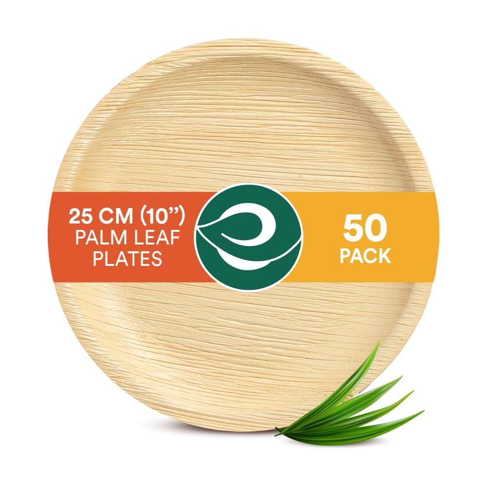 ECO SOUL 50 Palm Leaf Plates 10”(25cm) Round Large Bamboo Plate I Eco Friendly, Biodegradable, Compostable Heavy-Duty Plate, Disposable Plates for Dinner, Party & Events