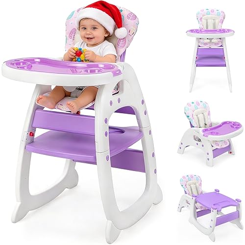 SANDINRAYLI Baby High Chair, Highchairs for Babies and Toddlers, Convertible Baby Feeding Chair, Adjustable Eating Chair for Baby Boy & Girl, High Chairs for Babies 6 Months to 6 Years, Purple