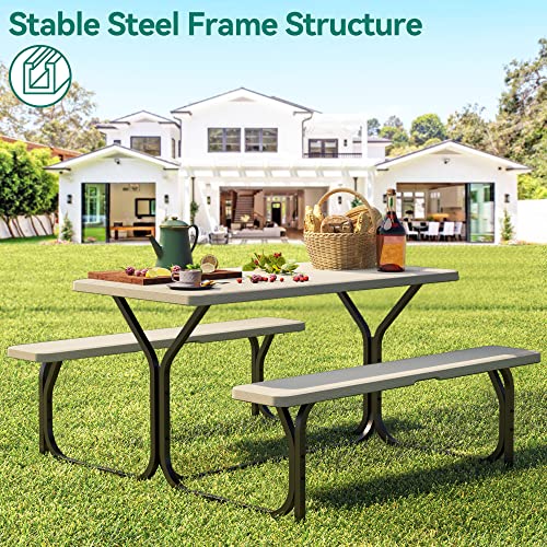 Yitahome Picnic Table Heavy Duty Outdoor Picnic Table And Bench With Weather Resistant Resin Tabletop & Stable Steel Frame For Yard Patio Lawn Party Light Brown #TOP4