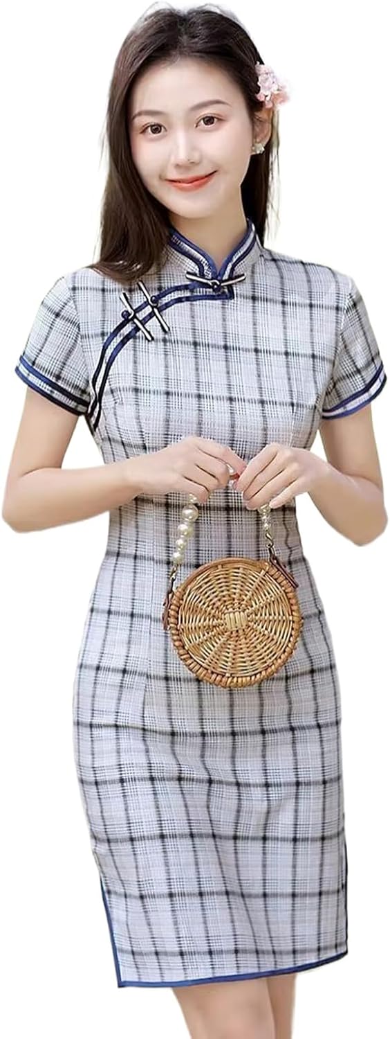 Chinese Style Plaid Cheongsam for Women Summer Slimming Daily Qipao Dress