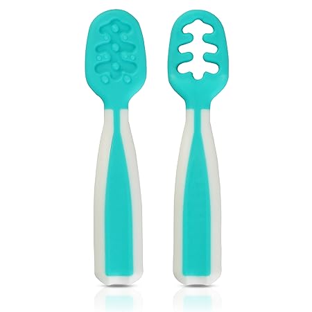 Luvlap Yum Yum Weaning Pre-Spoon, BPA Free Silicone Self Feeding Baby Spoon Set (Stage One + Stage Two) Baby Led Weaning Spoon for Kids Ages 6 Months+, Baby Utensil, Blue