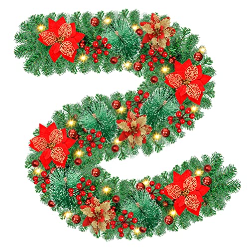 Timiyou Ghirlanda Natalizia, 2.7m Decorazioni Natalizie, Ghirlande Natalizie Rattan con Fiori Artificiali e Bacche Rosse, per Porta, Scale, Camino, Esterno, Ghirlanda Natale