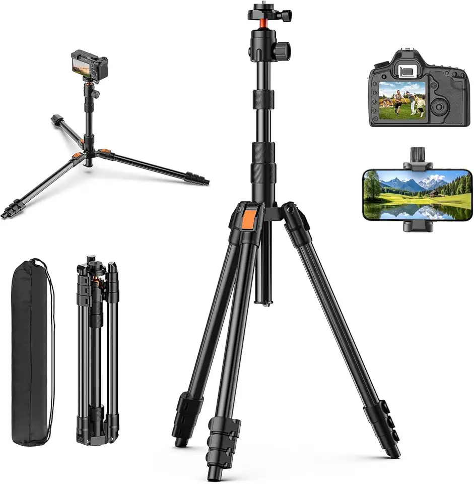180cm Tripé para Câmera, Tripé para Celular com Cabeça Articulada 360° e Suporte para Smartphone, Tripé de Alumínio para DSLR, Suporte Portátil para Celular/DSLR/SLR/Projetor/Gravação de Vídeo.