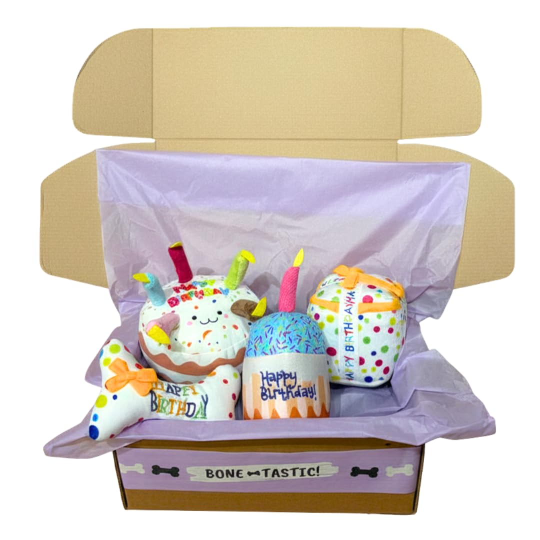 Bonetastic BIRTHDAY DOG GIFT BOX | GOTCHA DAY | PLUSH AND SQUEAKER TOYS | BONE, CUPCAKE, PRESENT, CAKE |