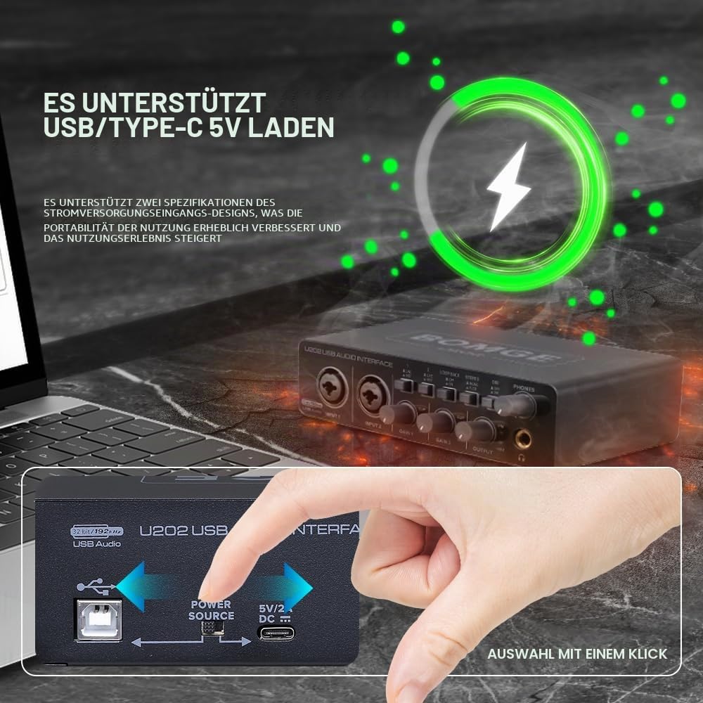 BOMGE U202 USB-Audio-Interface mit Mikrofonvorverstärker XLR/TSR/TS, 48 V, Auflösung 32-Bit/192 kHz für Computeraufnahme, Streaming, Podcasting