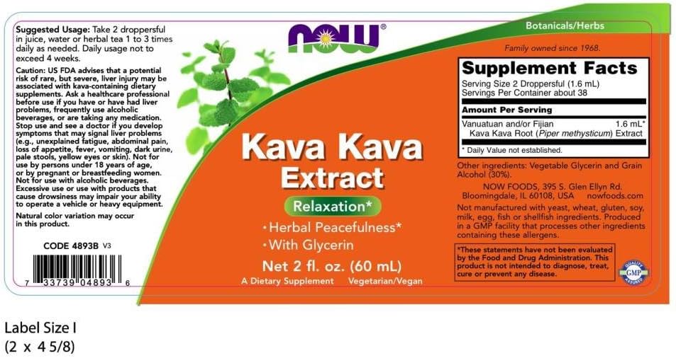 NOW Supplements, Kava Kava Liquid Extract with Glycerin, Dropper Included, Relaxation*, 2-Ounce : Health & Household