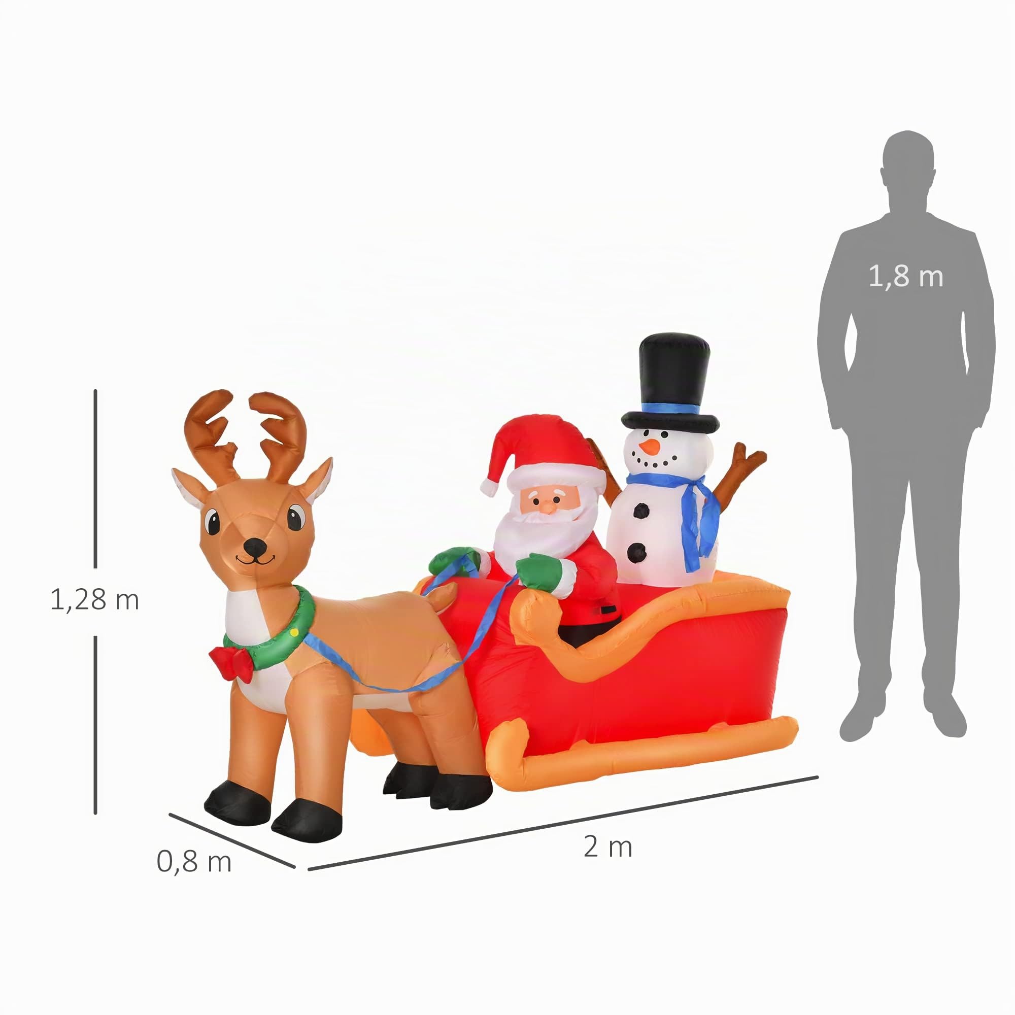 HOMCOM Aufblasbarer Weihnachtsmann auf Schlitten mit Schneemann 1,28 m | Weihnachtsdekoration, Integrierte LED-Lichter, Befestigungsmaterial, Weihnachtsdeko, Weihnachten Garten Rasen Außenbereich