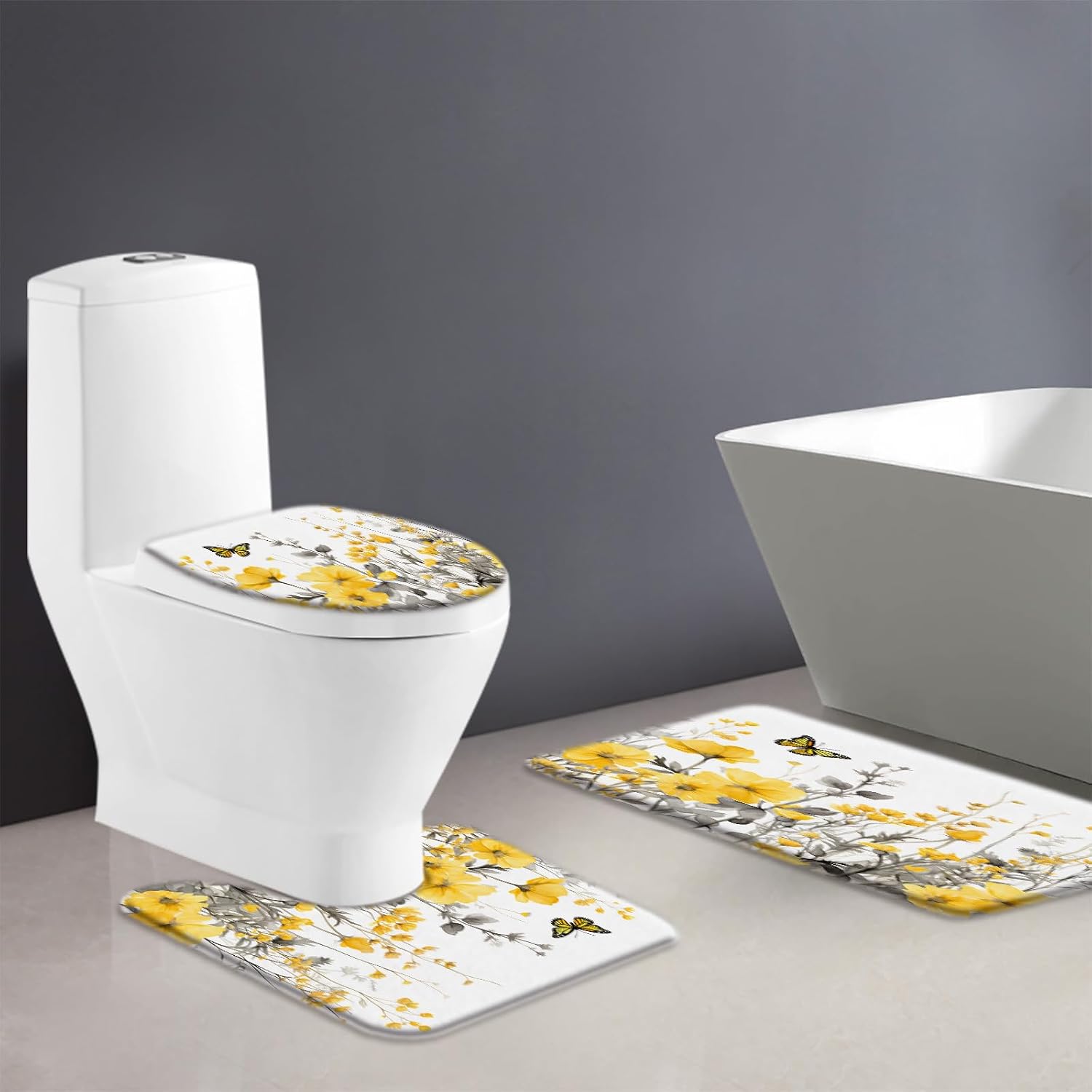 3 Piece Yellow Flower Bath Mat Set Rustic Farmhouse Watercolor Yellow Floral Butterfly Gray Leaves Nature Plant Bathroom Rug Sets,16"x24"Bath Mat,Toilet Seat Cover,U-Shaped Toilet Rug
