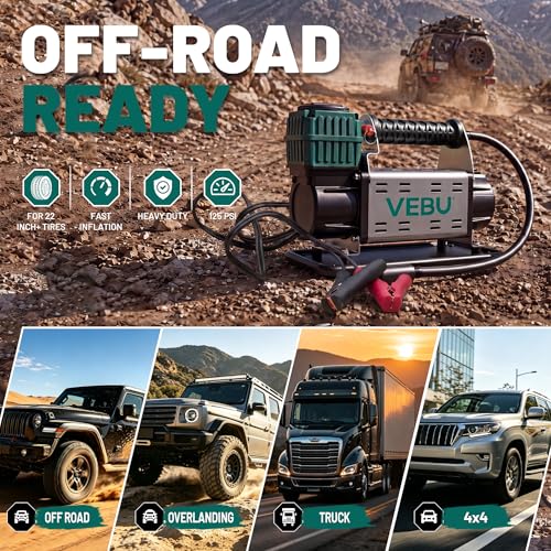 Image of 12V Air Compressor, 125PSI Tire Inflator with In-line Pressure Gauge, 5.65CFM Fast Inflation for Off-road Vehicles, Trucks, SUVs, RVs, ATVs, DC Power, Corded Electric