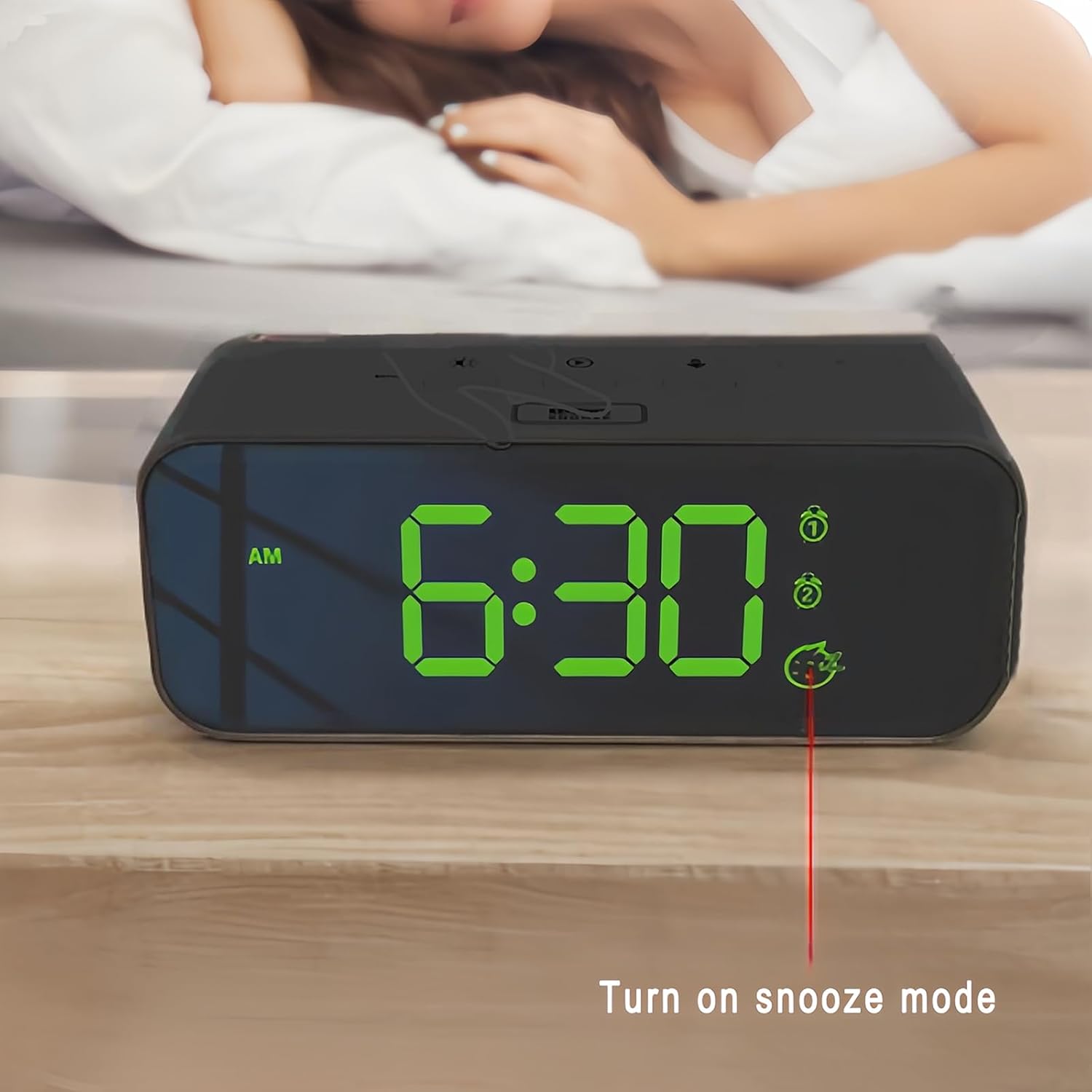Lancoon Digital Alarm Clock displaying 6:30 AM with a snooze icon illuminated