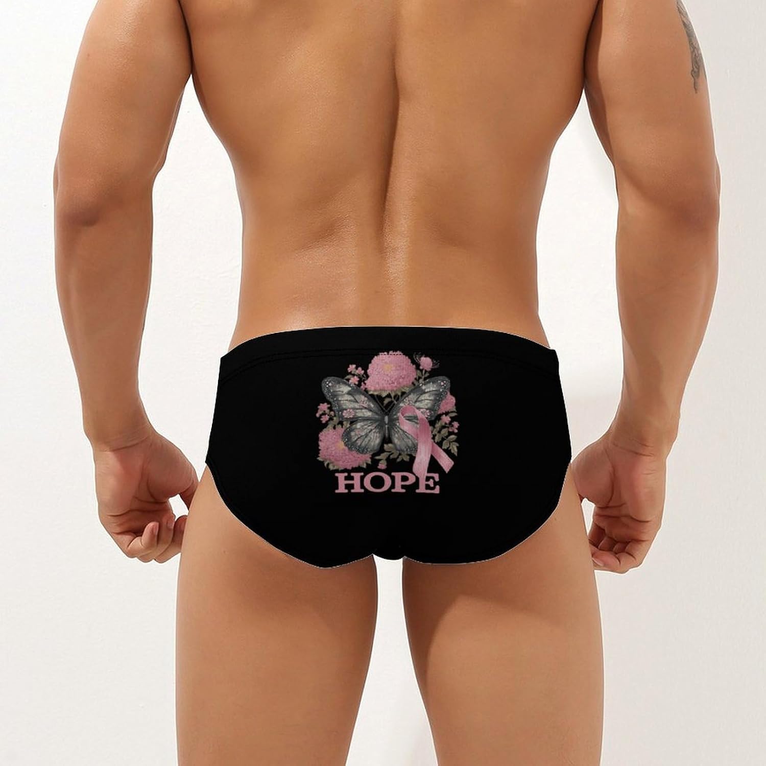 Butterflys Flower Breast Cancer Ribbon Men's Swimwear Bikini Swimming Briefs Stretchy Swimsuits Board Surf Shorts Trunks