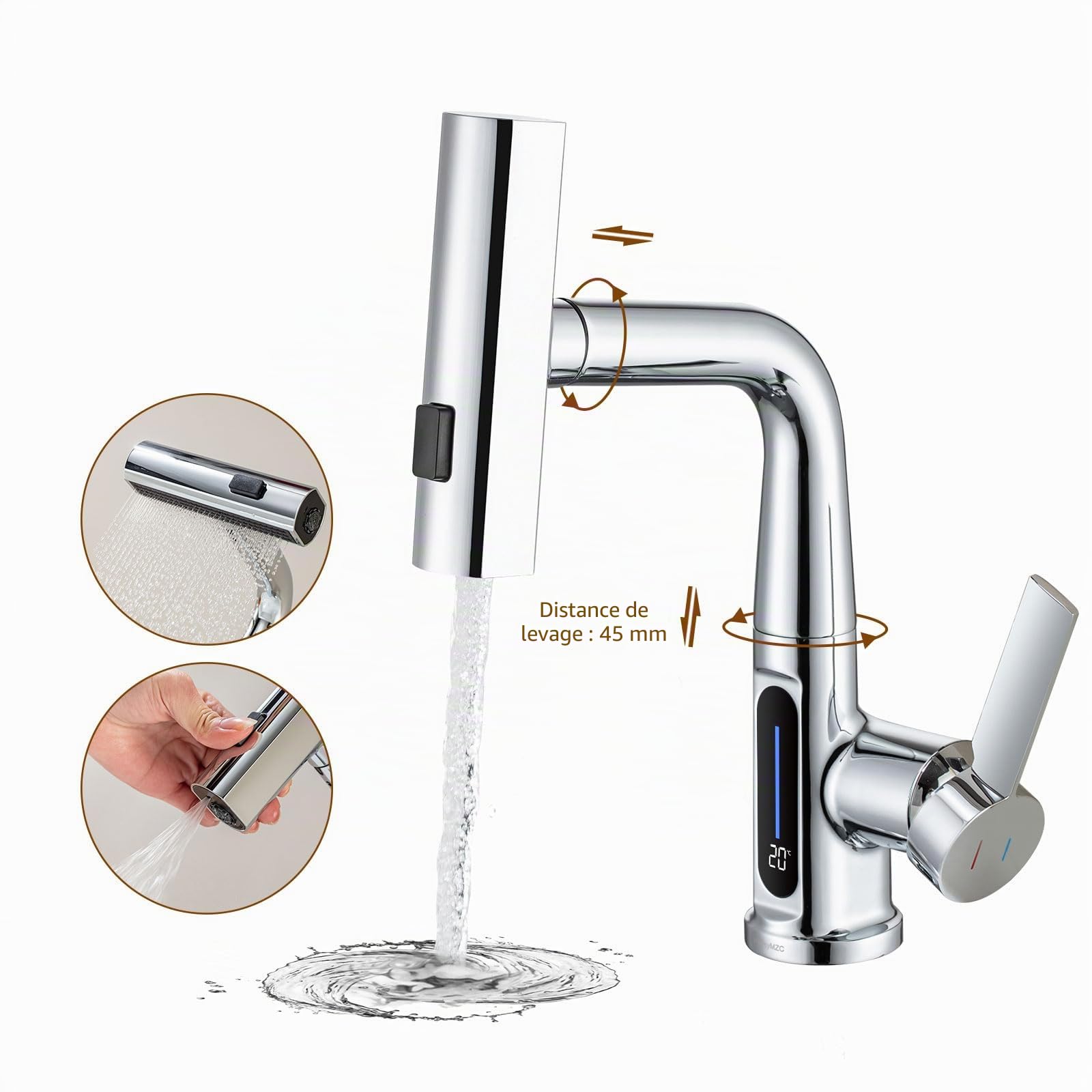 Robinet Lavabo Extensible Robinet Salle Bain Indicateur Températ LED,Chromé | Robinet de Lavabo Douchette Extensible LakeBayMZC, Mitigeur Monocommande avec 3 Types de Jets pour Lavabos de Salle de Bains