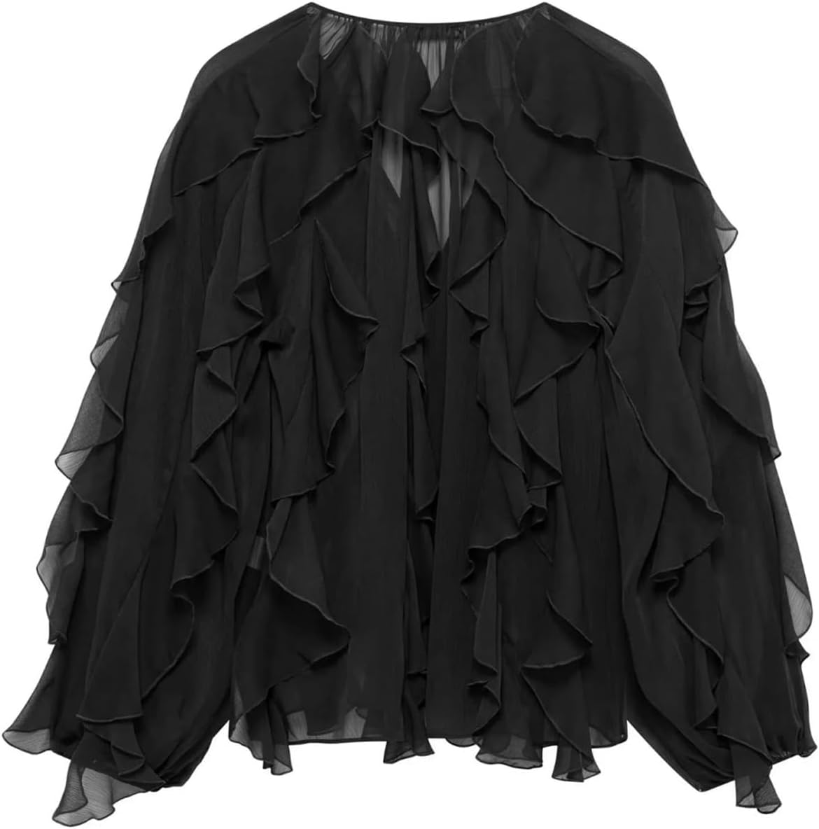 LETSVDO Women's Ruffle Chiffon Tops Puff Sleeve Sheer See Through Button Down V Neck Bubble Loose Casual Blouses Shirts - Image 5