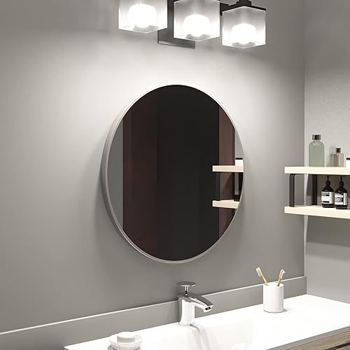 Miniatura 9 de FLYOUNG Espejo circular plateado de 30 pulgadas con marco de acero inoxidable de níquel cepillado montado en la pared, espejos redondos para baño,