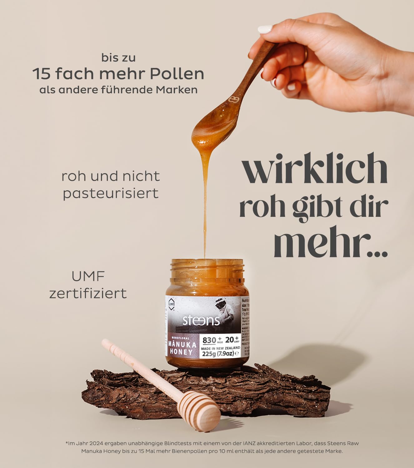 Steens Manuka Honey MGO 830+ - 225 g rein roher 100% zertifizierter UMF 20+ Manuka Honig über 800 MGO - abgefüllt und versiegelt in Neuseeland 225 g