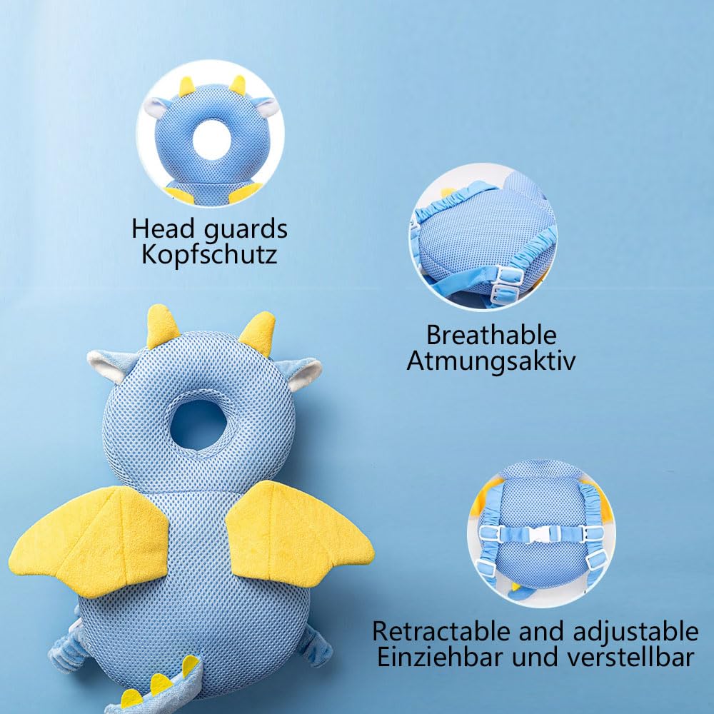 protector cabeza bebe con rodilleras casco bebe golpes para niños pequeños que aprenden a gatear y caminar, para niños de 4 a 24 meses,Ajustable, Respirable (Dragón) El bebé no se resiste