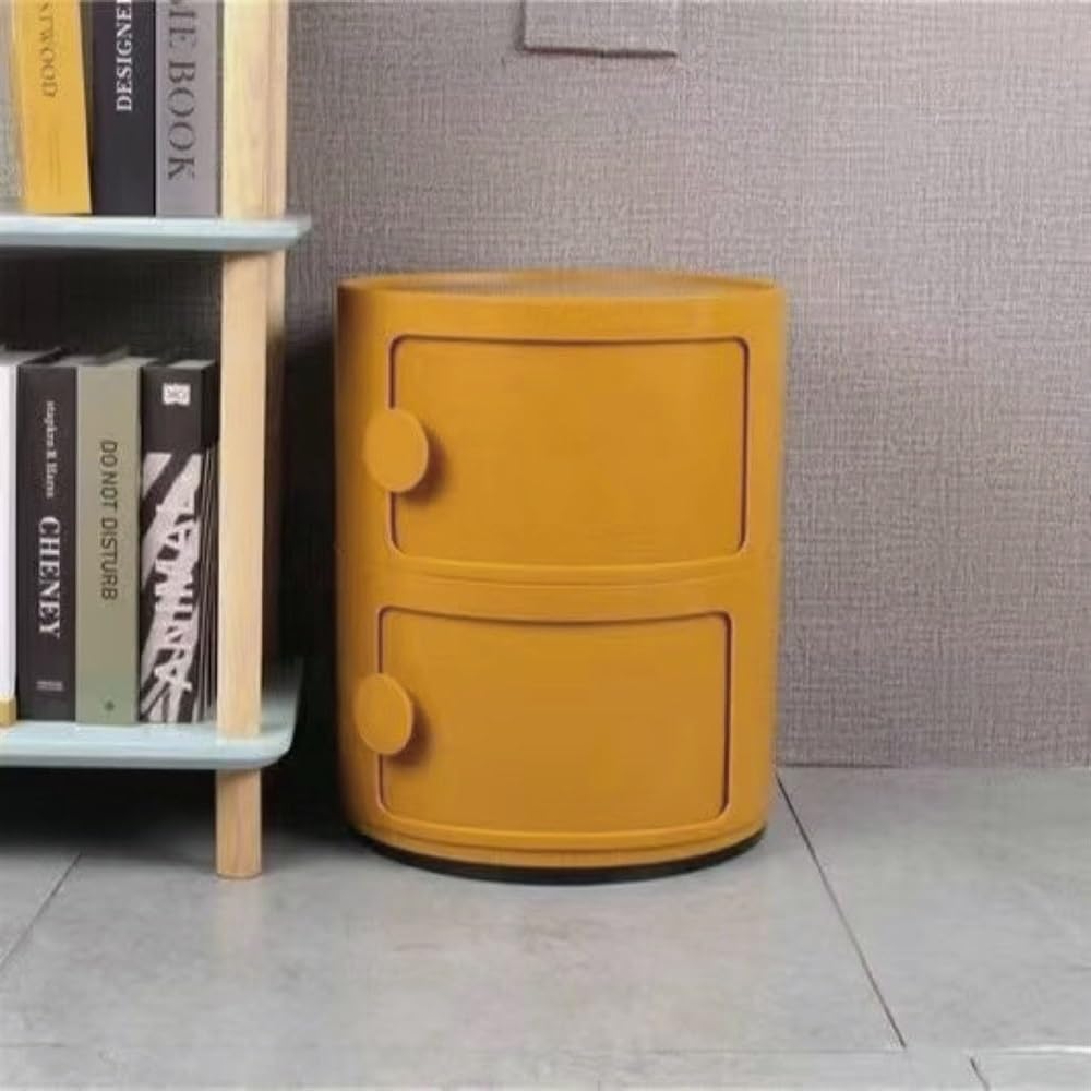 Small Bathroom Cabinet, Round with Slide Drawers, Modern End Table Side Plastic Chest for Living Room Bedroom Bathroom(Yellow,2 Tiers)