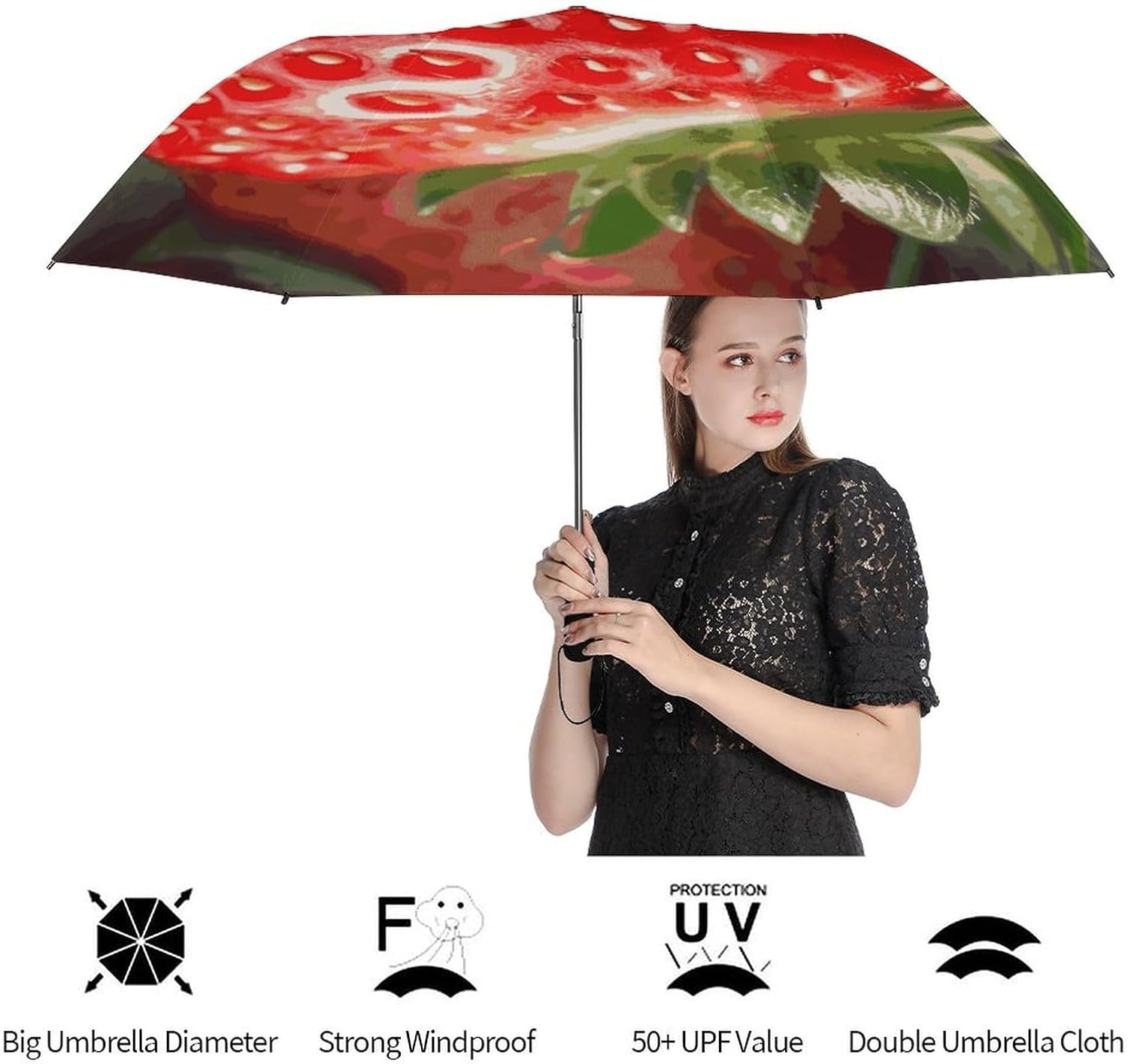Strawberry2 Umbrella Extra Large Folding, Travel Umbrella Windproof, Compact, Golf Umbrella With Unique Patterns, Fashionable And Beautiful for Men And Women.