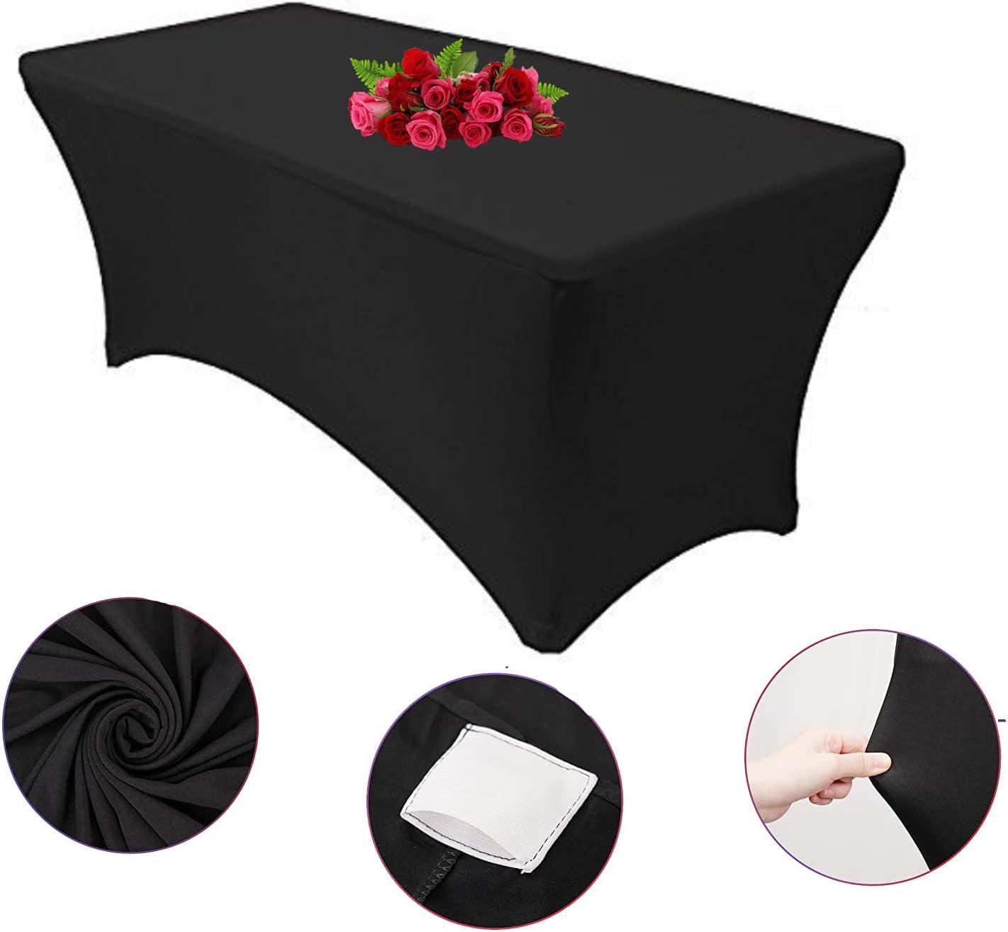 10FT Spandex Black Tablecloth for Rectangle Tables - Stretch Table Cover for Standard Folding Tables, Elastic Table Cover for Christmas