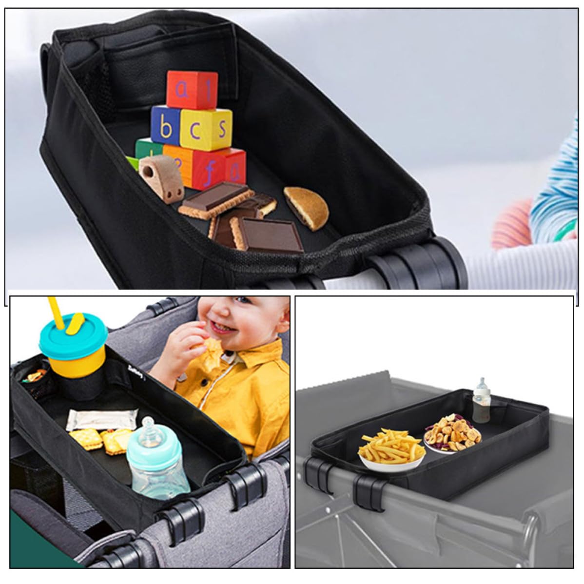 Vassoio Porta Snack per Passeggino Portabicchieri Nero