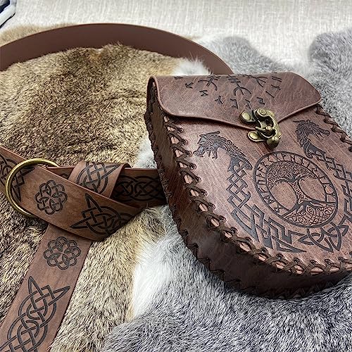 HiiFeuer Medieval O-Ring Belt with Nordic Embossed Pouch, Vintage Faux Leather for LARP (Brown), Brown a - Image 4