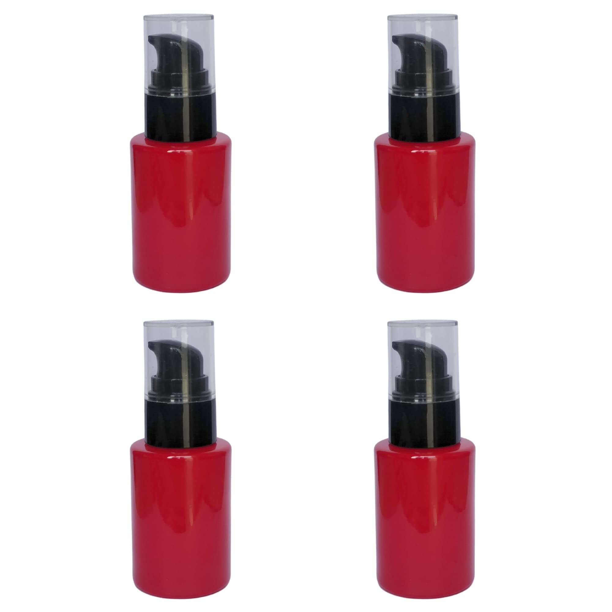Devinez Multipurpose Premium Flat Shoulder Red Color Round Glass Bottle, 30 ml with Lotion Pump with Cap (Pack of 4), for Serum, Essential Oils, Blends, Skin Care, Travel, Toners, Cosmetic & DIY