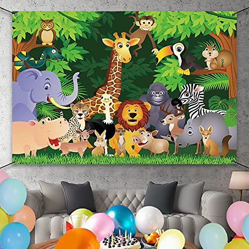 Awert Polyester 6X3.6Ft Cartoon Jungle Animals Banner Jungle Safari Theme Birthday Banner Cartoon Elephant Giraffe Lion Forest Jungle Theme Party Supplies #TOP1