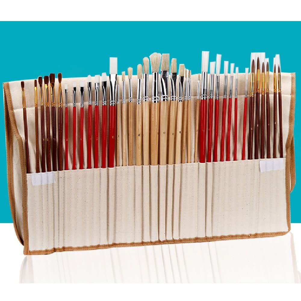 38 Pennello per Pittura, Borsa in Tela, Scatola con Manico Lungo in Legno, Forniture artistiche per Olio, Acrilico e Acqua