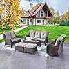Wicker Patio Furniture Set 7 PC Rattan Outdoor Sectional Conversation Sets with 2 Rocking Swivel Chairs2 Ottomans1 Sofa1 Loveseat and 1 Coffee Table for Porch DeckBrownGrey